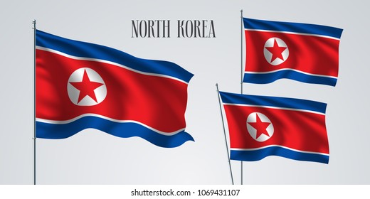 North Korea waving flag set of vector illustration. White red blue  colors of North Korea wavy realistic flag as a patriotic symbol 