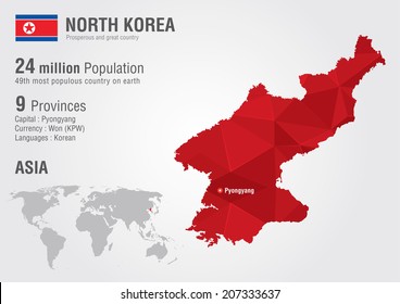 North Korea world map with a pixel diamond texture. World Geography.