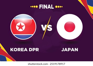 North Korea.Football scoreboard broadcast graphic soccer template. Rival flags of both teams with football shape. PRK VS JPN football match.