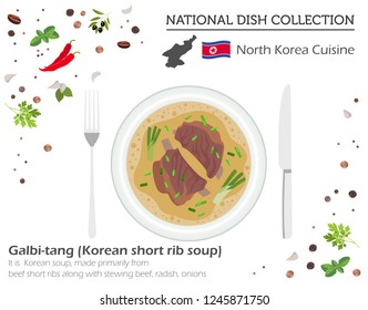 North Korean Cuisine. Asian national dish collection. Korean short rib soup isolated on white, infograpic. Vector illustration