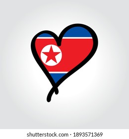 North Korean flag heart-shaped hand drawn logo. Vector illustration.