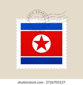 Sello postal de la bandera de Corea del Norte con un matasellos de correo aéreo vintage, aislado en un fondo para el diseño.