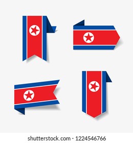 North Korean flag stickers and labels set. Vector illustration.