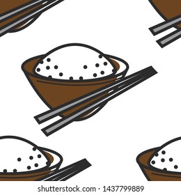 Comida norte-coreana arroz padrão sem costura em tigela e madeira chopsticks vetor Coreia cozinha refeição ou prato sem fim textura cereal ou grão saudável nutrição papel de parede impressão louça e talheres.