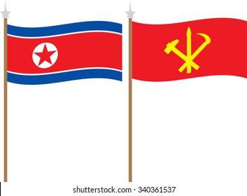 North Korean and Juche flags