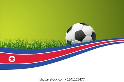 North Korean, Korea flag. Soccer green football grass field. Flat vector background banner or poster. Template for EK, WK play model. Sport finale, school game. Team sports. Foot ball sign.