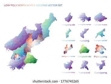 North Korean low poly regions. Polygonal map of North Korea with regions. Geometric maps for your design. Artistic vector illustration.