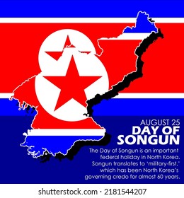 Mapa y bandera de Corea del Norte con texto en negrita sobre fondo azul para celebrar el Día del Songun 25 de agosto en Corea del Norte