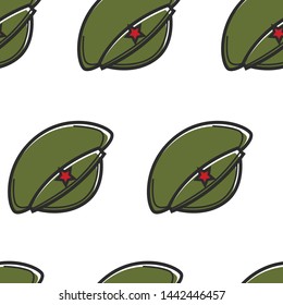 North Korean military cap with red star seamless pattern vector travel to Korea headdress army and defense force Korean symbol endless texture captain hat traveling and tourism wallpaper print.