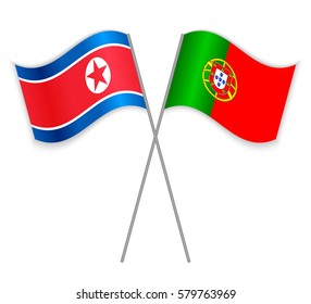 North Korean and Portuguese crossed flags. North Korea combined with Portugal isolated on white. Language learning, international business or travel concept.