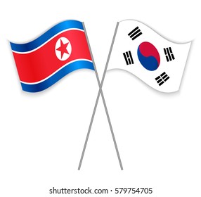 North Korean and South Korean crossed flags. North Korea combined with South Korea isolated on white. Language learning, international business or travel concept.