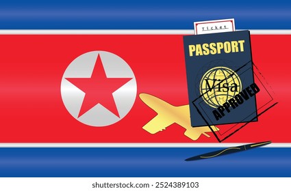 North Korean Travel Documentation Concept with blue Passport and North Korea Flag. Approved Stamp. Airplane and Travel Tickets. Ideal for Immigration Tourism and Traveling Themes. Vector EPS available