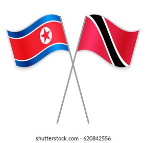 North Korean and Trinidadian crossed flags. North Korea combined with Trinidad and Tobago isolated on white. Language learning, international business or travel concept.