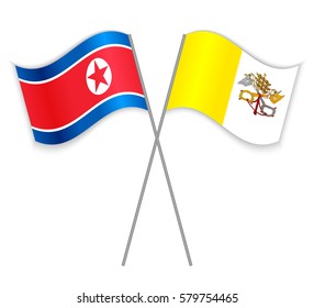 North Korean and Vatican crossed flags. North Korea combined with Vatican City State isolated on white. Language learning, international business or travel concept.