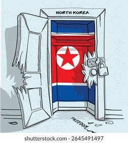 O caminho para a liberdade na Coreia do Norte. Ilustração política de uma porta quebrada, mas trancada, com a bandeira nacional. Uma metáfora para luta e esperança.