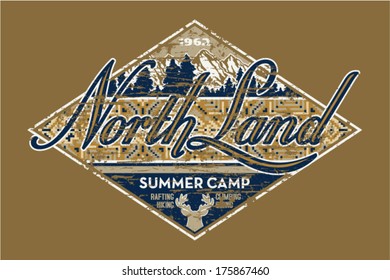 North Land summer camp - Vintage vector artwork for boy wear in custom colors, grunge effect in separate layer