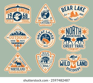North lands discovery great outdoor adventure vintage badges collection vintage vector print or embroidery  for kids boy man sport wear shirt sweatshirt