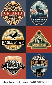 North lands discovery wilderness outdoor adventure vintage badge collection vector print or embroidery applique for kids boy man wear