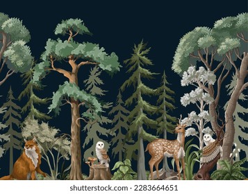 North landscape with animals, firs and trees. Vector