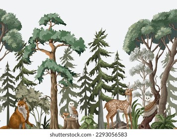 North landscape with animals, firs and trees. Vector