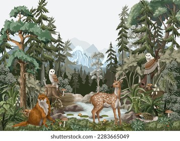 North landscape with animals, firs,mountane and river. Vector