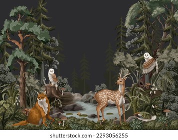 North landscape with animals, firs,mountane and river. Vector