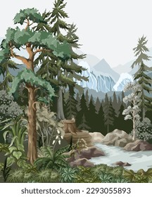 North landscape with firs,mountane and river. Vector