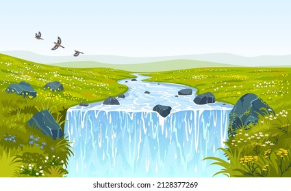 North landscape with waterfall views. Vector illustration