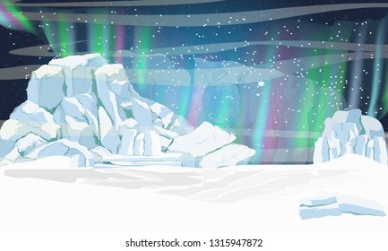 North. A large glacier and northern lights above it. Realistic vector landscape. Artik and Antarctica