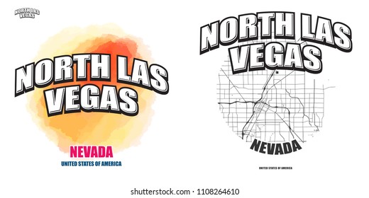 North Las Vegas, Nevada, logo design. Two in one vector arts. Big logo with vintage letters with nice colored background and one-color-version with map for every possible print production.