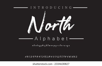 North Lettering font isolated on black background. Texture alphabet in street art and graffiti style. Grunge and dirty effect.  Vector brush letters.