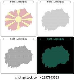 North Macedonia Circular Mosaic Brick Dotted Map, Set of National Flag Color, Black Silhouette Country Boundary Isolated on White Background, Geographic Vector Illustration