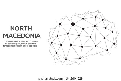 North Macedonia communication network map. Vector image of a low poly global map with city lights. Map in the form of lines and dots