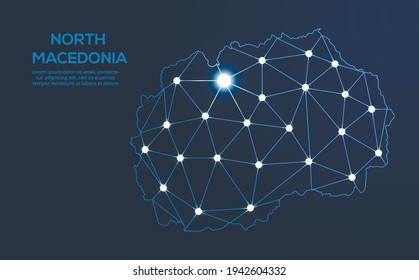 North Macedonia communication network map. Vector low poly image of a global map with lights in the form of cities. Map in the form of a constellation, mute and stars