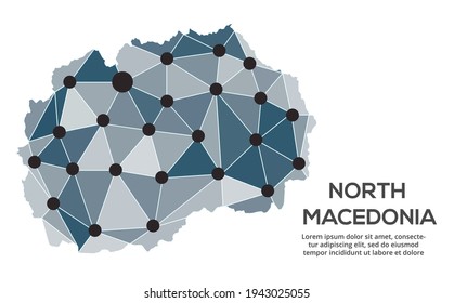 Mapa de la red de comunicaciones del norte de Macedonia. Imagen vectorial de un mapa global de baja polilla con luces de la ciudad. Mapa en forma de triángulos y puntos