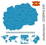 North Macedonia - detailed blue country map with cities, regions, location on world map and globe. Infographic icons. Vector illustration