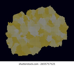 Nordmakedonien gepunktete Karte. Digitale Landkarte auf dunklem Hintergrund. Nordmakedonien Form mit quadratischen Punkten. Farbige Punkte. Kleine Quadrate. Kreative Vektorgrafik.