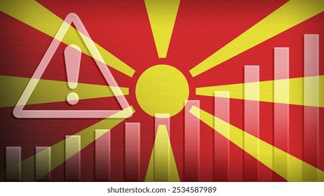 North Macedonia flag with burlap texture, warning sign, and rising bar chart symbolizing increasing risk or growth challenges in the country. Ideal for data presentations.