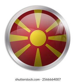 North Macedonia flag - glossy circle button displays a colorful flag representing a country cultural identity and heritage. The essence of national pride and unity.