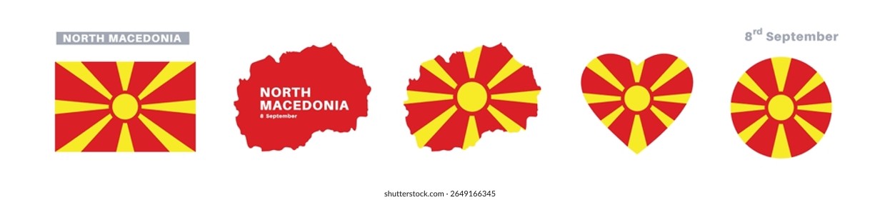 north macedonia flag and map set. north macedonia flag in official colors and proportions. independence day 8 september , map, circle and heart shaped north macedonia