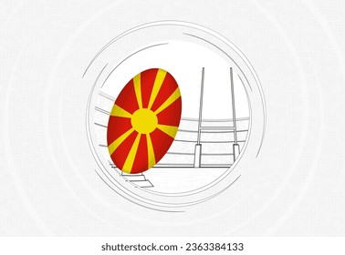 North Macedonia flag on rugby ball, lined circle rugby icon with ball in a crowded stadium. Vector sport emblem on abstract background.