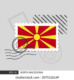 North Macedonia flag postage stamp. Isolated vector illustration on grey post stamp background and specify is vector eps10.
