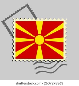 North Macedonia flag postage stamp. Isolated vector illustration on grey post stamp background