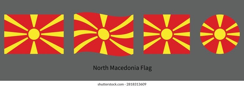 North Macedonia Flag Set with Waving, Circle and Rectangle Shapes Vector Illustration