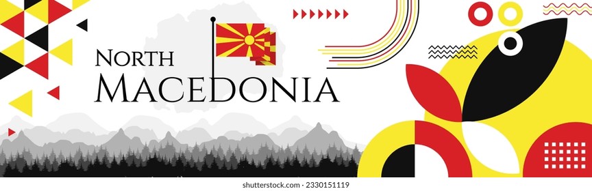 North Macedonia Independence Day abstract banner design with flag and map. Flag color theme geometric pattern retro modern Illustration design. Red, and Yellow flag color template.