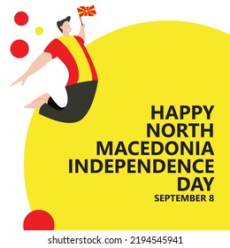 Ilustración vectorial del Día de la Independencia de Macedonia del Norte con un hombre saltando y sosteniendo la bandera nacional. Día festivo nacional europeo que se celebra anualmente el 8 de setiembre.