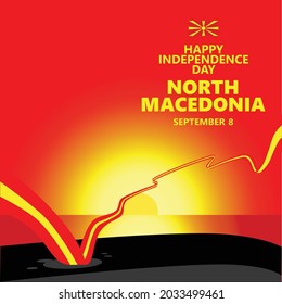 North Macedonia independence vector illustration with the sunset or dusk sky scenery and a long and wavy flag. Eastern Europe country public holiday.