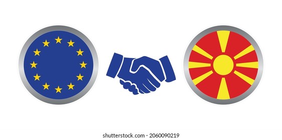 North Macedonia joins the European Union. EU flag and North Macedonian flag handshake. Round badges of North Macedonia and the European Union. Template illustration.