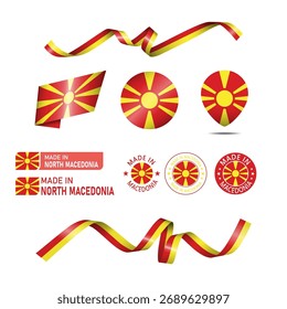 North Macedonia made in logo. Set of design flags label icon, stripes, ribbons