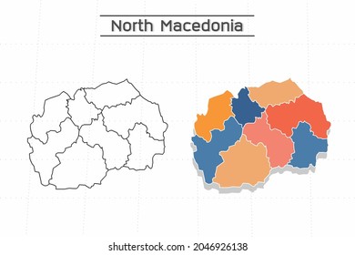 North Macedonia map city vector divided by colorful outline simplicity style. Have 2 versions, black thin line version and colorful version. Both map were on the white background.